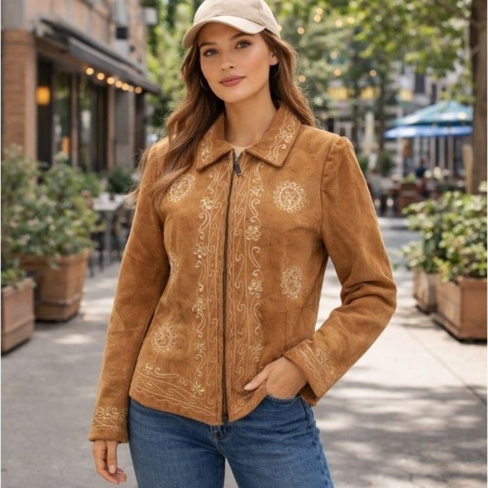 Papillon Genuine Suede Embroidered Jacket Medium Boho Western Tan Leather Zip